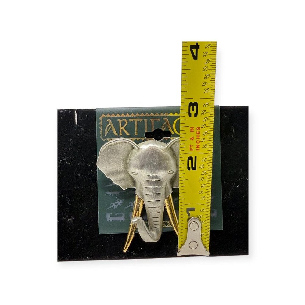 Artifacts JJ Elephant Head Brooch Pin Silver Gold Tone Tusks 3 in 1986 NEW Vtg - Picture 5 of 6